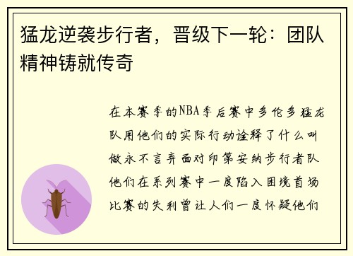 猛龙逆袭步行者，晋级下一轮：团队精神铸就传奇